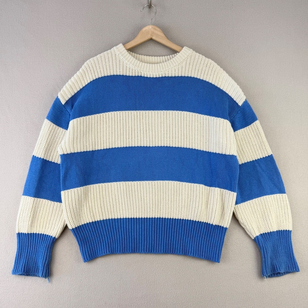 Z Supply Sweater Women M Blue White Striped Cotton Knit Pullover Oversized